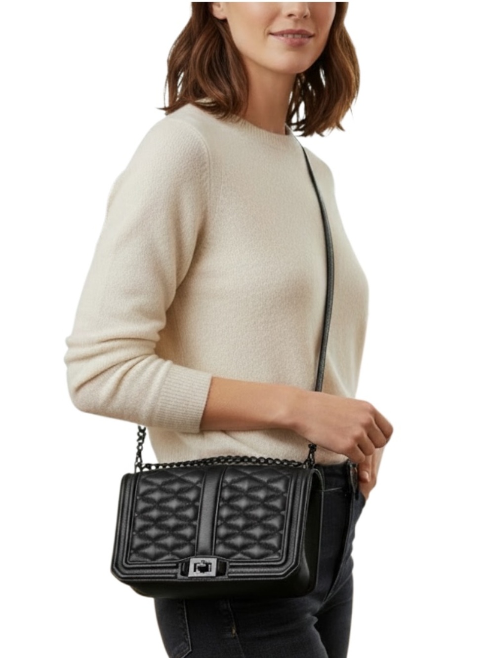 REBECCA MINKOFF Black Diamond Quilted Love Crossbody Bag Black Chain HW R $348